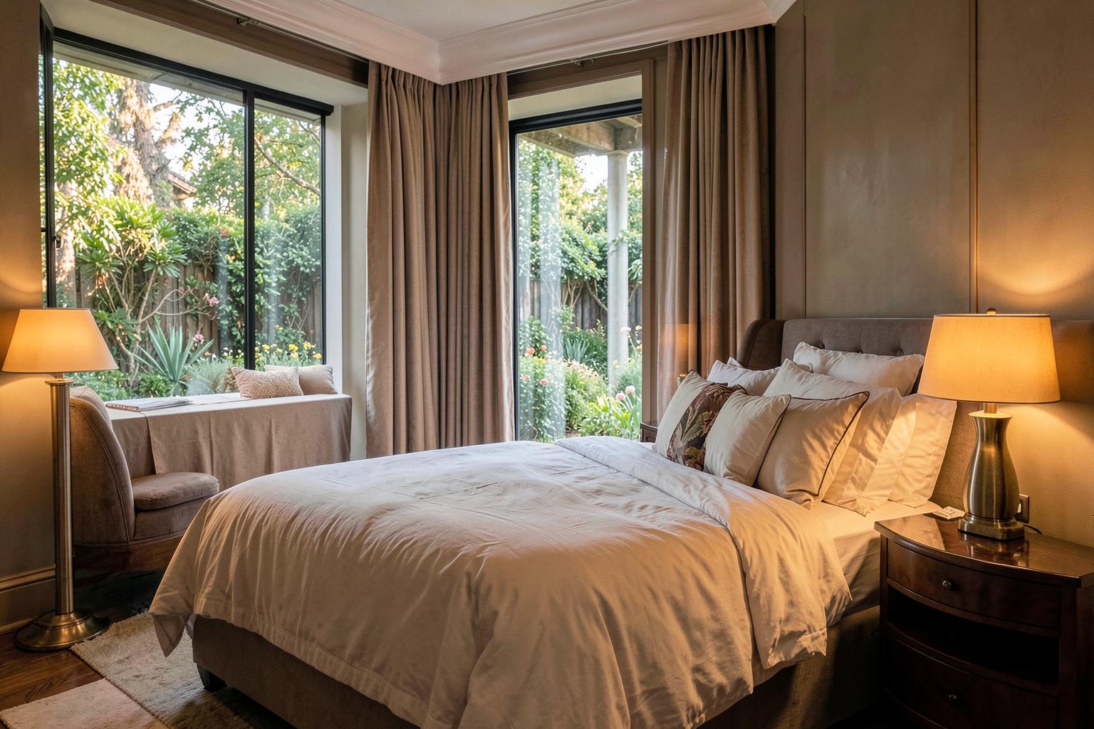 Chambre d'hôtel élégante ouverte sur un jardin