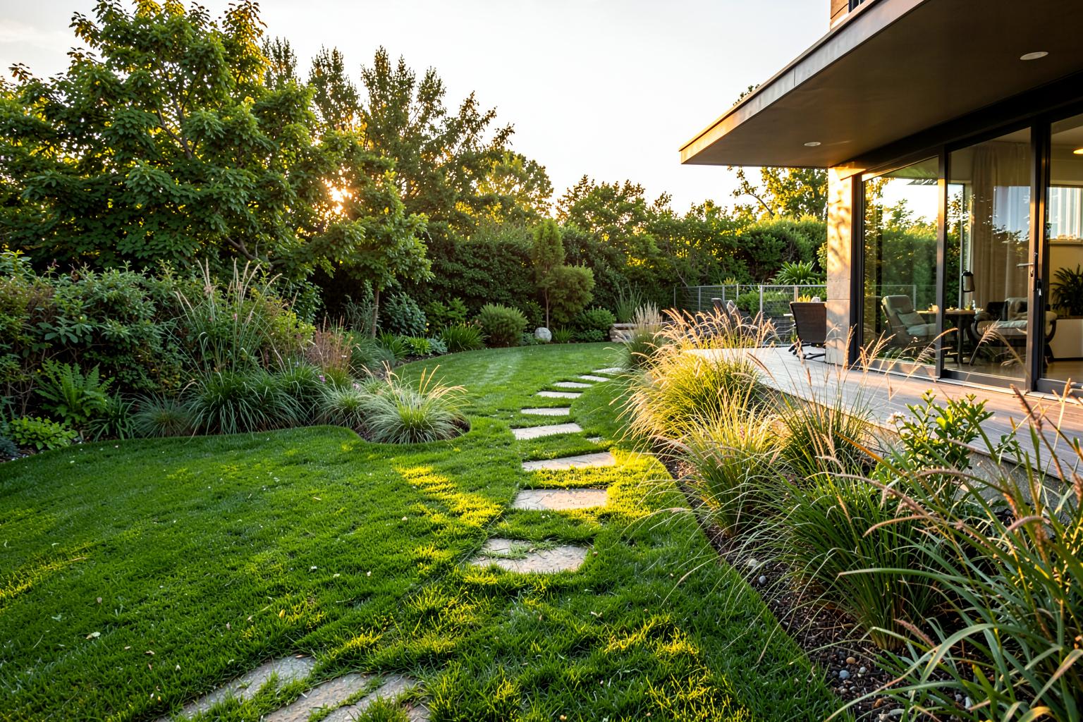 Jardin paysager avec pelouse, graminées et terrasse
